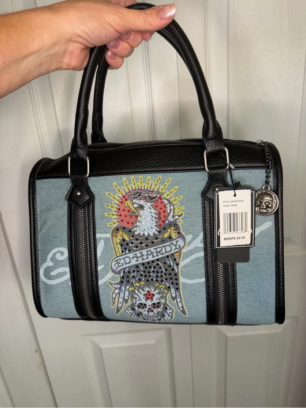 NWT Ed Hardy Blue and Black Eagle Graphic Denim Satchel MSRP $80
